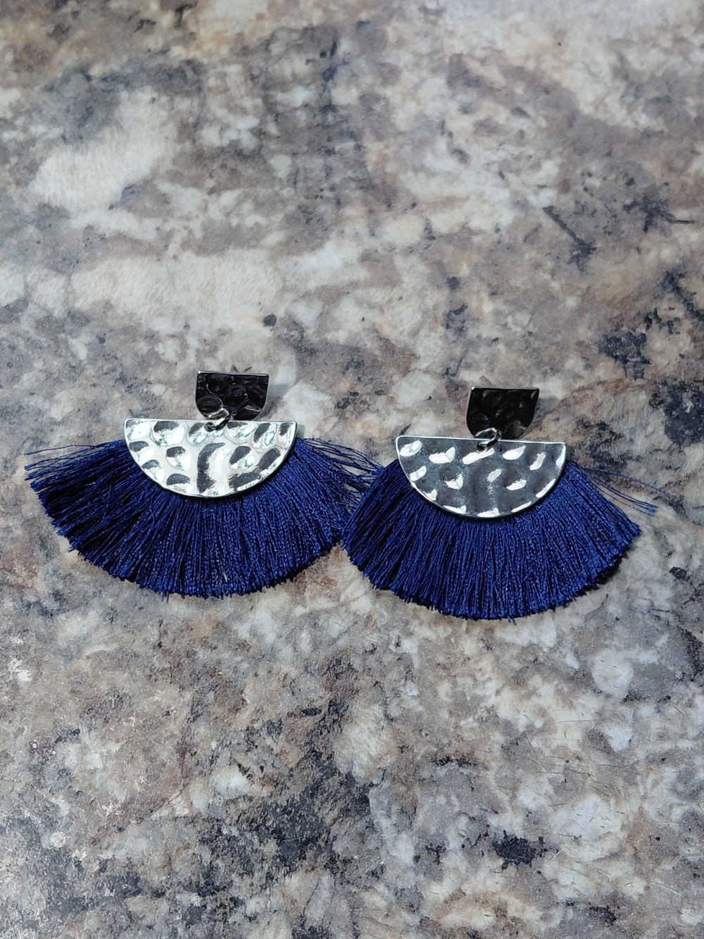Hammered Silver Tone Metal Fan With Navy Blue Thread Finge Vintage Earrings